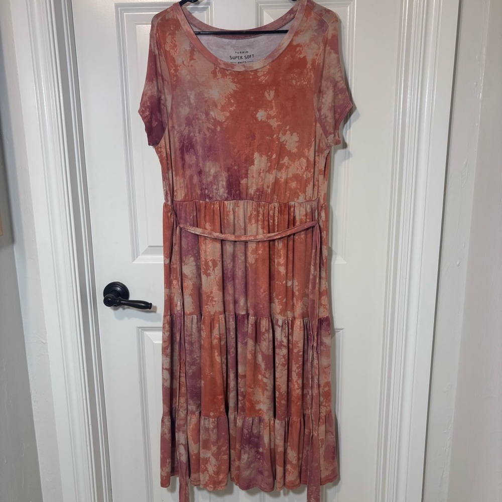Torrid Super Soft Knits Midi Jersey Tiered Dress Pink Tie Dye Women’s 1 (1X)